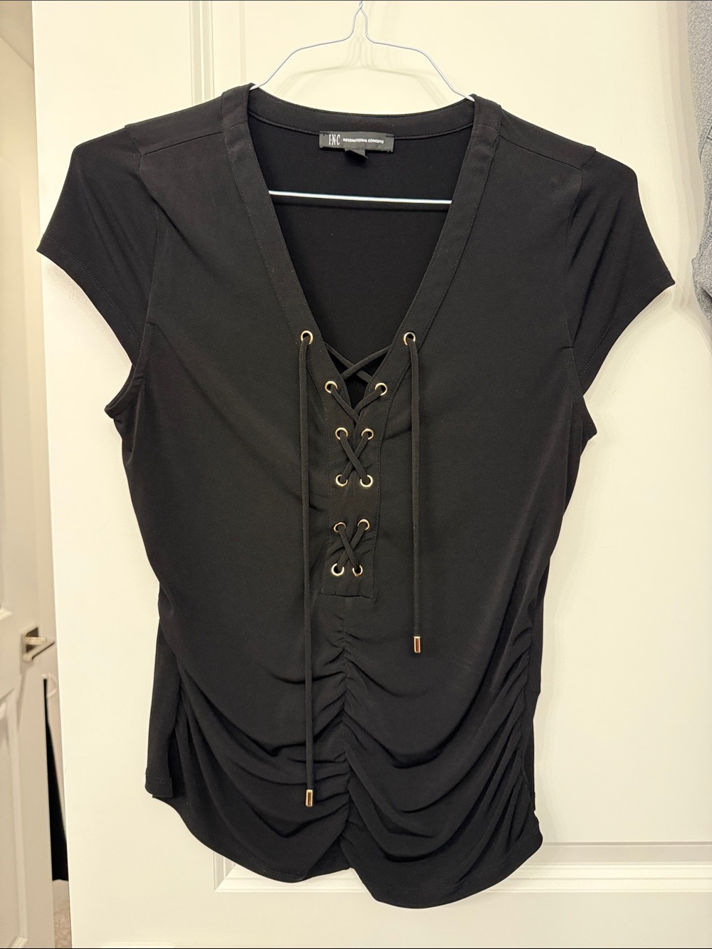 INC International Concepts Black Lace-Up V-Neck Ruched Short Sleeve Tee